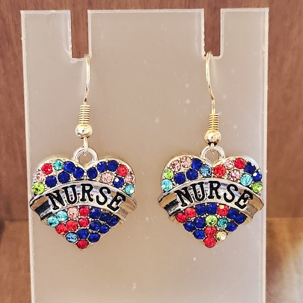 Nurse Heart Rhinestone Dangle Earrings Multicolor Silver Gold Tone Medical Gift‎